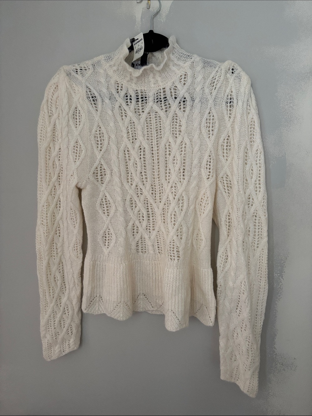 Express Cream Open-Knit Ruffle Mock Neck Sweater